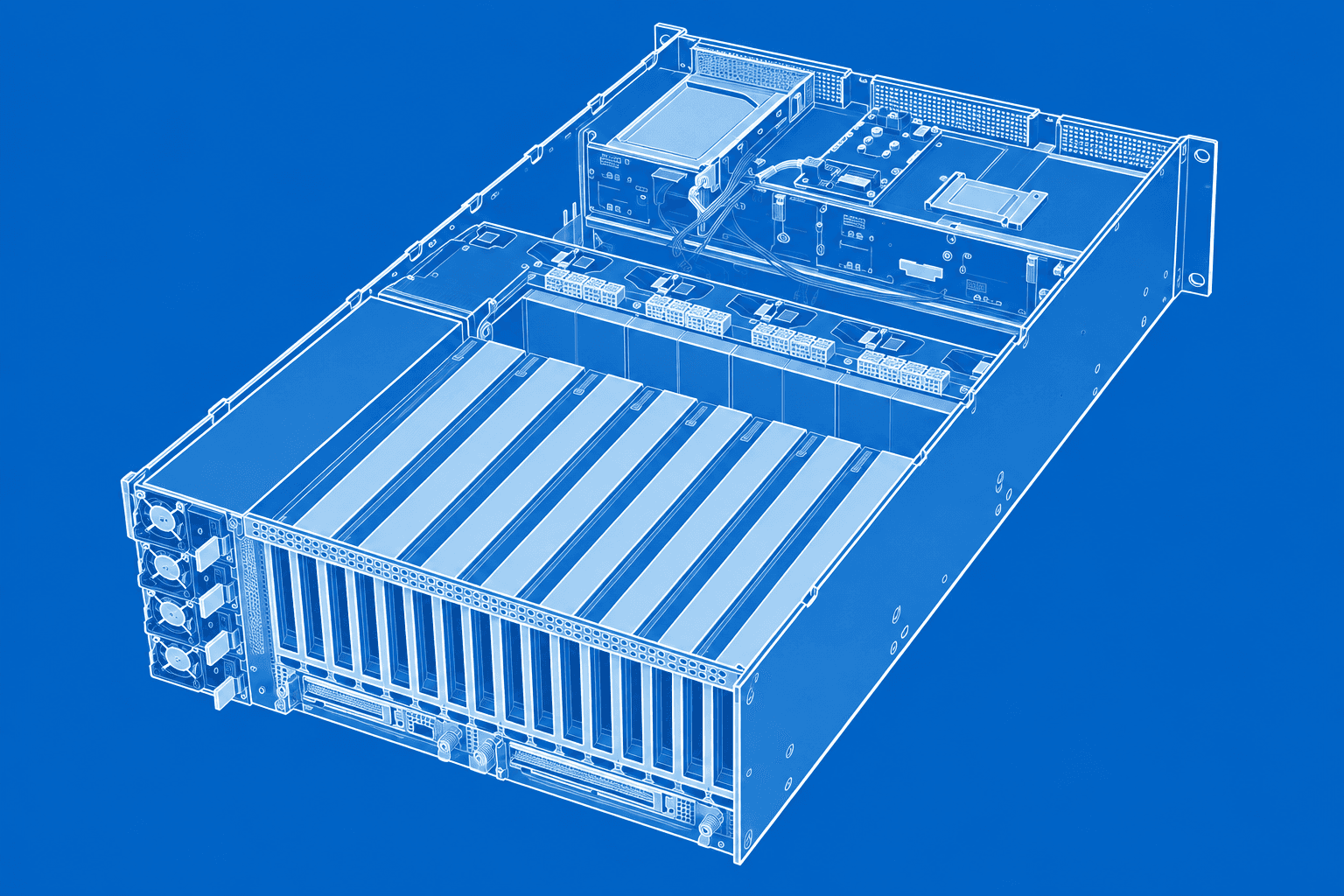 Technical line drawing of an open rackmount server.