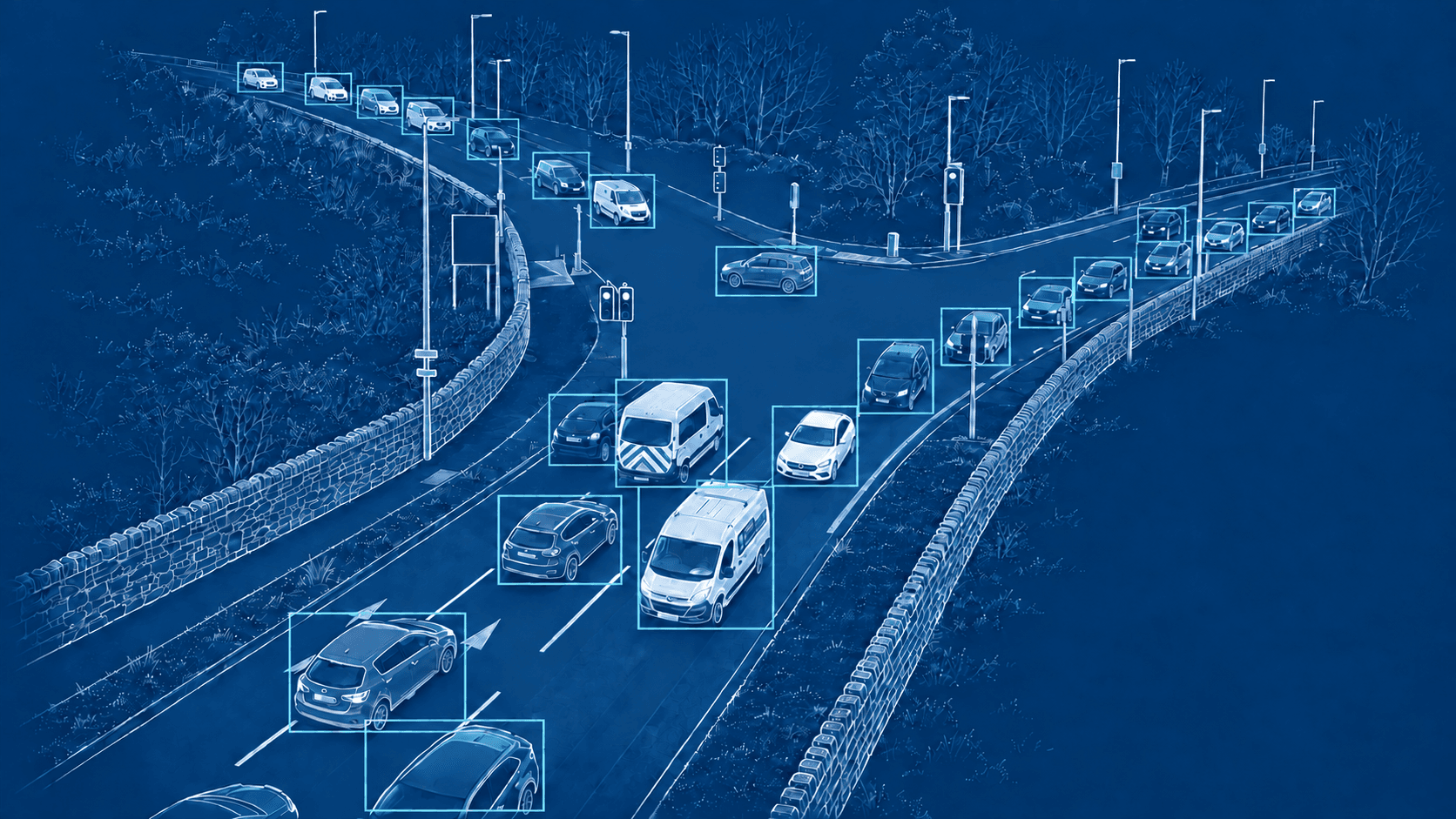 Line drawing based on Percepta's Edinburgh traffic demonstration, showing vehicles and detection boxes at a road junction.