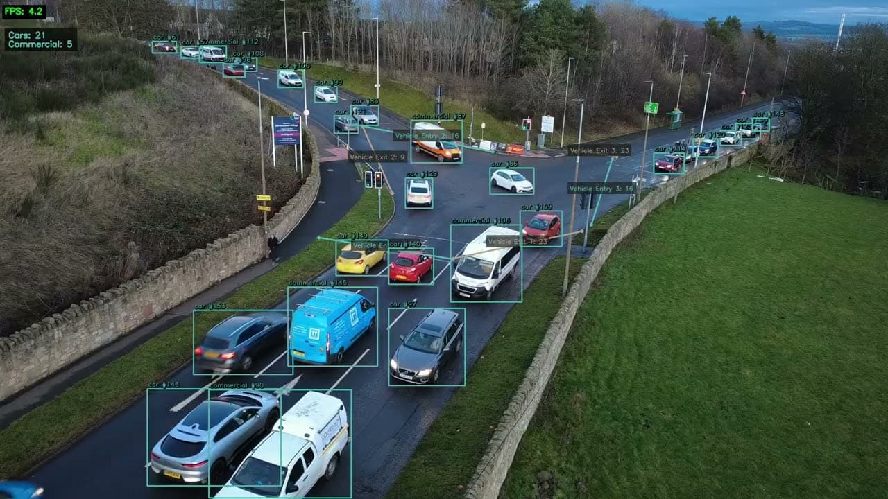 Frame from Percepta's recorded Edinburgh traffic demonstration, with the original vehicle detection boxes visible