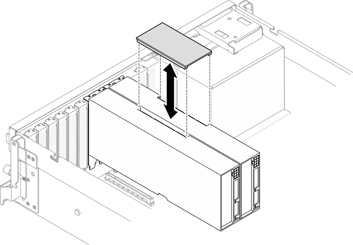 NVIDIA 2-way NVLink bridge being lowered onto two adjacent H200 NVL cards in a server, Lenovo installation drawing